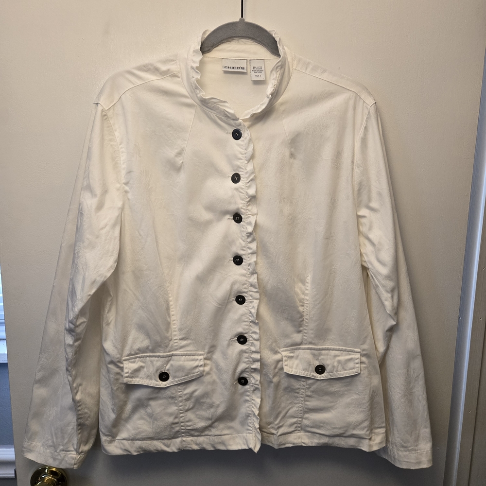 Chico's Optic White Ocean Beach Salt Wash Long Sleeve Jacket Stretchy 2 - L 12